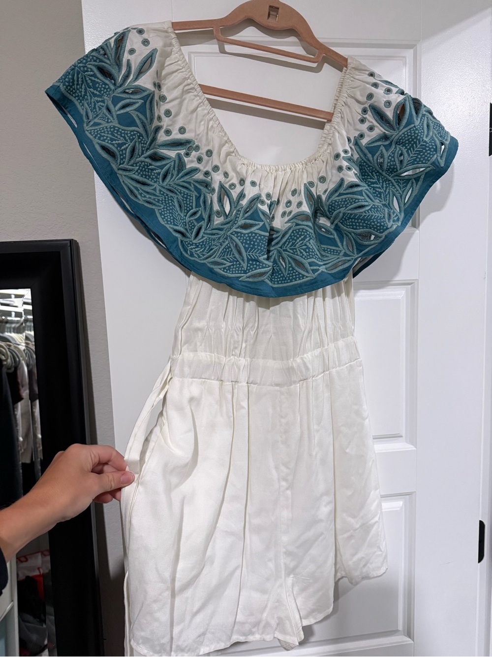 Embroidered Off-White swim cover romper with Teal Floral Yoke